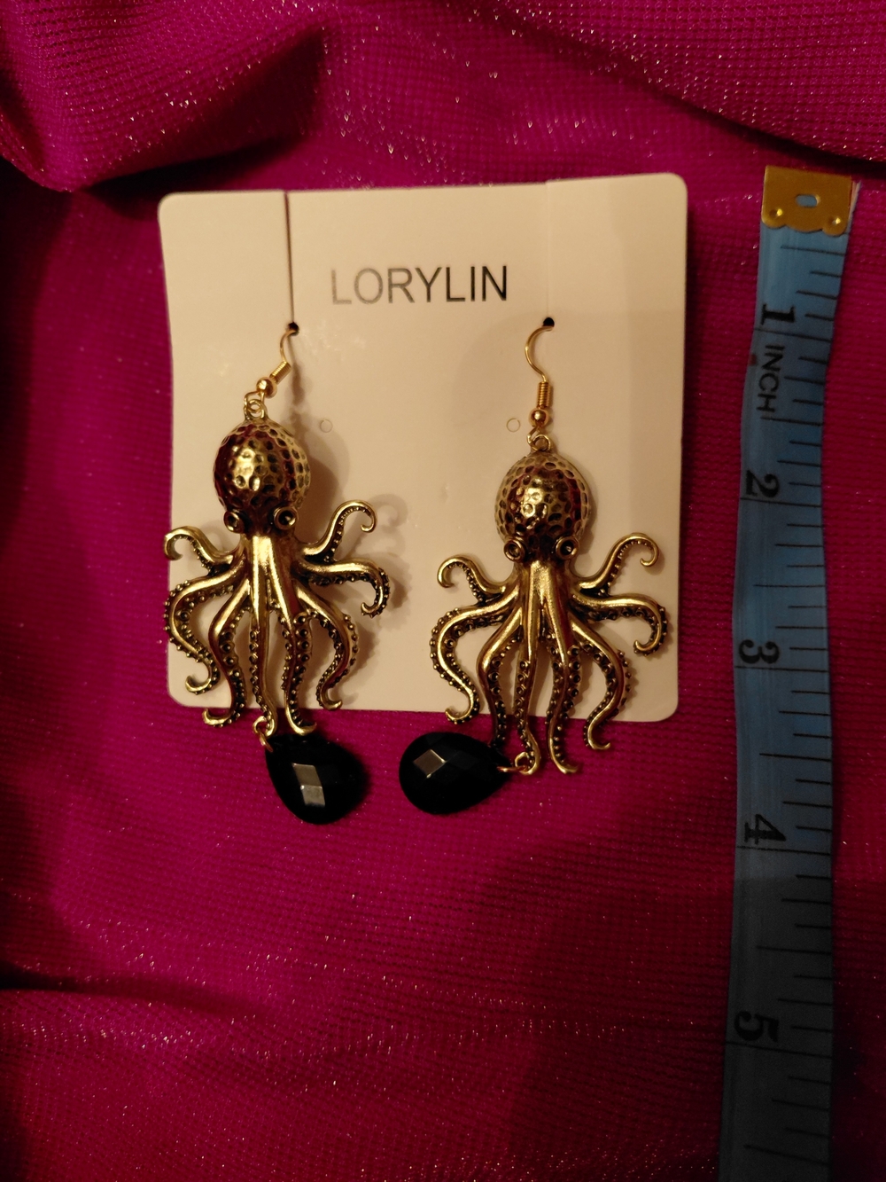 Lorylin Gold Octopus Drop Earrings with Black Teardrops